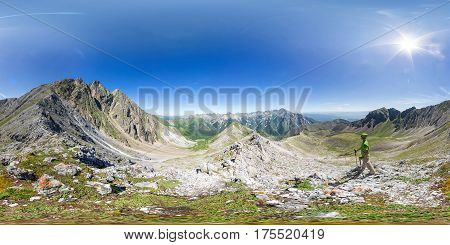 Spherical Panorama 360 To 180 The Man Stands On Top In The Mountains