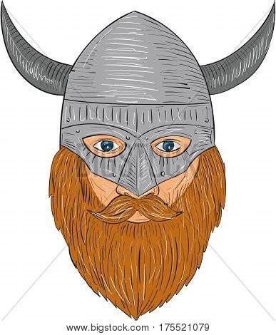 Drawing sketch style illustration of a norseman viking warrior raider barbarian head with beard wearing horned helmet viewed from front set on isolated white background.
