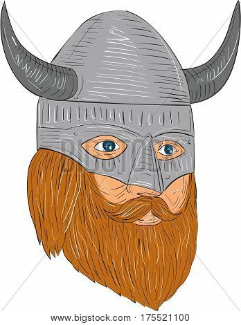 Drawing sketch style illustration of a norseman viking warrior raider barbarian head with beard wearing horned helmet looking slightly to the side set on isolated white background.