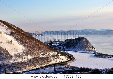 Aerial image of snow-covered Russian Volcano. Kamchatka.