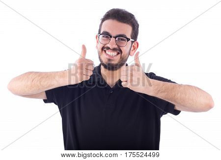 Young man thumps up - isolated on white