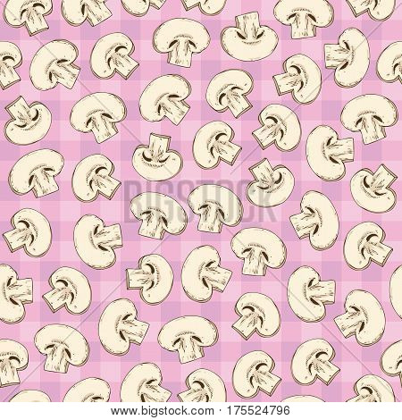 Seamless Vector Pattern with Champignon Mushroom Slice on a Pink Plaid Background