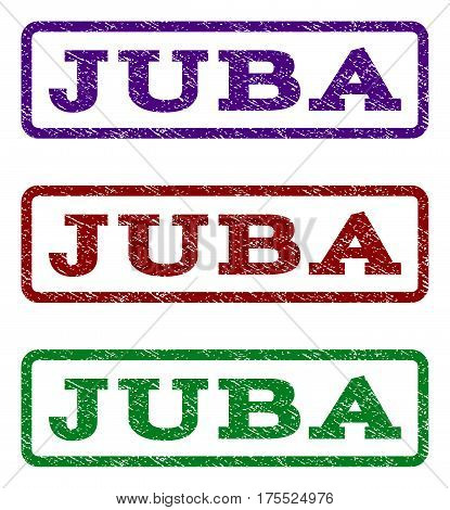 Juba watermark stamp. Text caption inside rounded rectangle frame with grunge design style. Vector variants are indigo blue, red, green ink colors. Rubber seal stamp with dust texture.