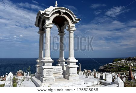 Sydney, Australia - Feb 5, 2017. Waverley Cemetery is a state heritage listed cemetery in an iconic location in Sydney. It is noted for its largely intact Victorian and Edwardian monuments.