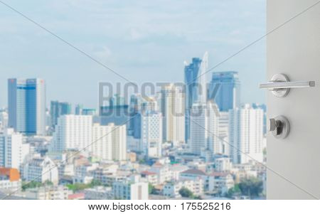Opened White Door To Bangkok City Skyline With Modern Buidings As Background