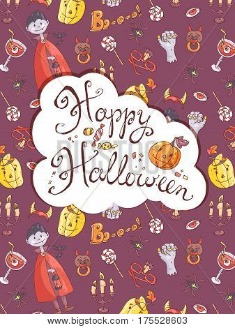 Hand drawn doodle  halloween greeting card with the vampire, the pumpkin, zombie hand and sweets. Cute kids style. Pastel colors.