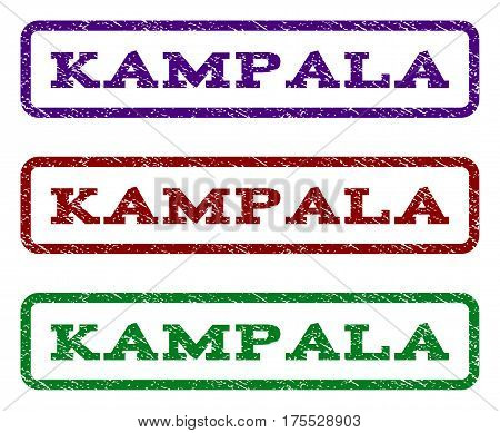 Kampala watermark stamp. Text tag inside rounded rectangle with grunge design style. Vector variants are indigo blue, red, green ink colors. Rubber seal stamp with unclean texture.