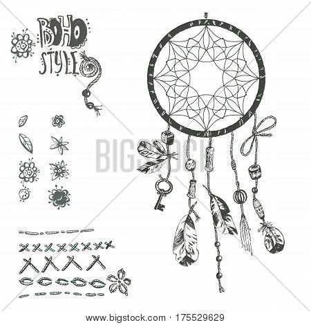 Hand drawn vector Native American Indian talisman dreamcatcher with bird's feathers and beads. Ethnic design, boho chic, tribal symbol. Collection of boho elements.