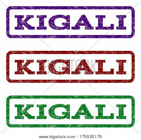 Kigali watermark stamp. Text caption inside rounded rectangle frame with grunge design style. Vector variants are indigo blue, red, green ink colors. Rubber seal stamp with dirty texture.