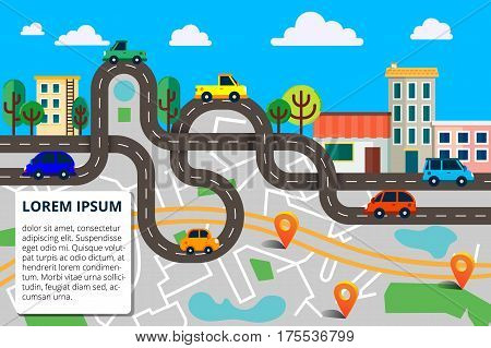 Colorful background with landscape, road and city map. Top view city map with cars and trees for web banners, info graphic and  brochure. Vector illustration