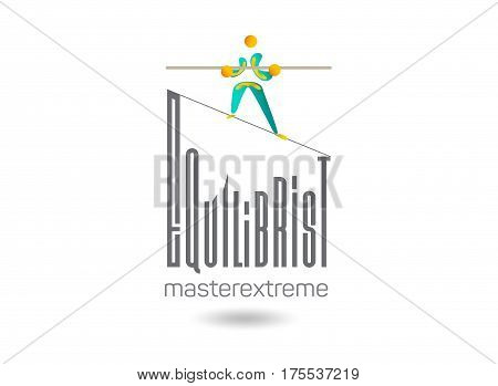 Extreme  studio emblem. Equilibrist on a tightrope between buildings. Logo for the circus, the theater, carnival, show,  business.