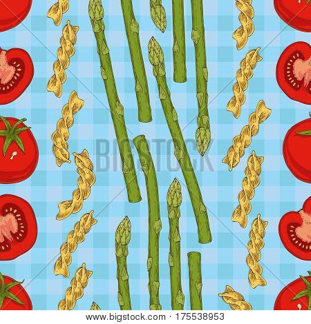 Seamless Vector Pattern with Tomatoes Pasta and Asparagus on a Light Blue Plaid Background