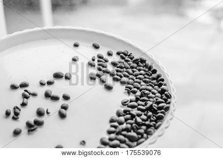 Coffee Beans On A White Plastic Plate. Beautifull Background. Love. Insparation. On White Plate.