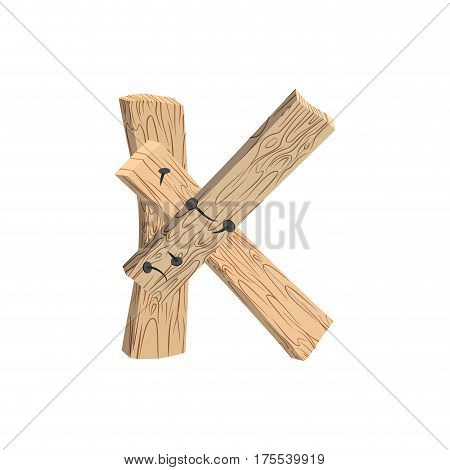 Letter K Wood Board Font. Plank And Nails Alphabet. Lettering Of Boards. Country Chipboard Abc