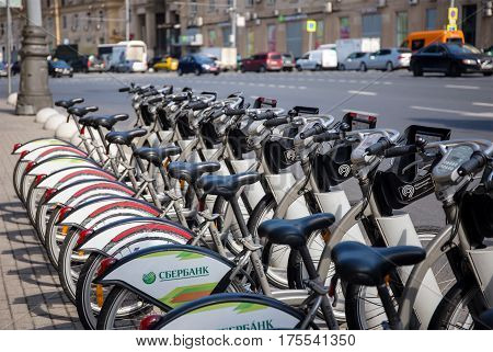 MOSCOW - AUGUST 19 2016: Close-up view of bicycles at the rental station on Sadovaya-Chernogryazskaya street. The pilot project of urban bike rental started in 2013.