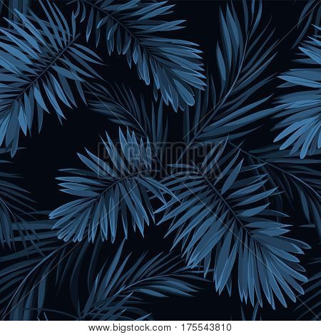 Seamless indigo blue pattern with monstera palm leaves on dark background. Summer tropical fabric design. Vector illustration.