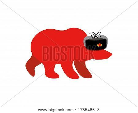 Russian Red Bear In Fur Hat. Communist Red Symbol In Ussr. Russia National Wild Animal