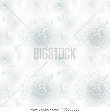 Morning fog. Vector pattern illustration with branches, moon and arabian motive.