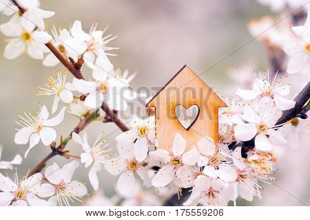 Wooden House With Hole In Form Of Heart Surrounded By Flowering Branches Of Spring Trees