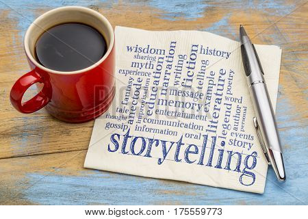 storytelling word cloud - handwriting on a napkin with a cup of coffee