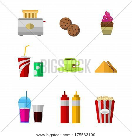 Vector icons sweet fast food elements. Restaurant breakfast menu isolated symbols. Cake design kitchen beverage dinner and dessert different meal.