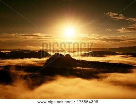 Autumn Sunrise Forest In Beautiful Mountain Within Inversion