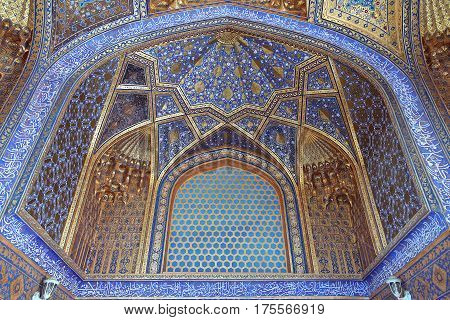 Golden interior of Aksaray mausoleum, Samarkand, Uzbekistan