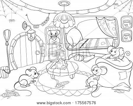 Children coloring cartoon house family mouse vector Zentangle style. Black and white