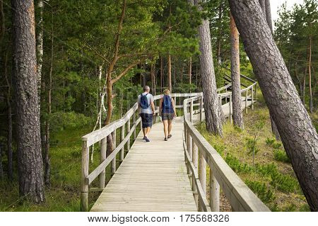 Couple walk on wooden deck in the wood with observation decks.