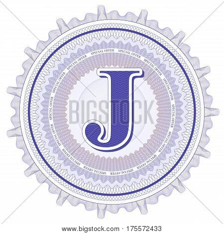 Vector Guilloche Pattern Rosette and border with letter J. Monetary banknote background print. Abstract guilloche letter design.