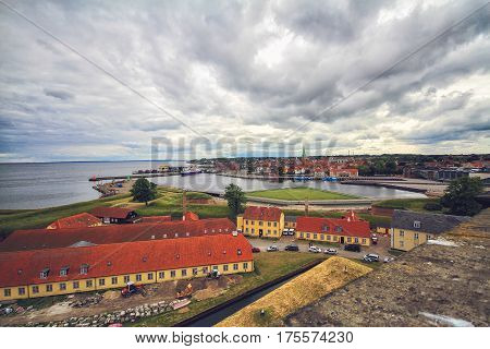 Top panoramic view of seaport of Helsingor city and Saint Olaf church from Cronborg castle, Denmark