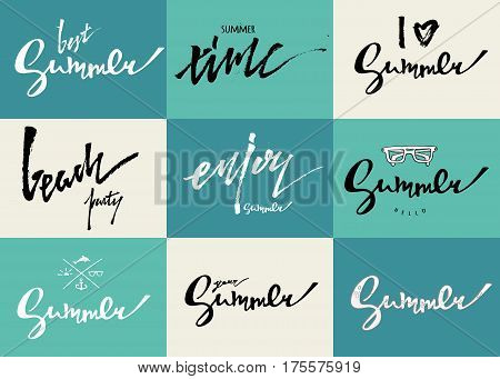 Summer lettering set of cards. Hand drawn labels and emblems isolated on background. Vecrot illustration for typography poster postcard or apparel design
