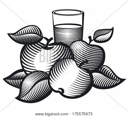 black and white illustration of aplles and glass of juice