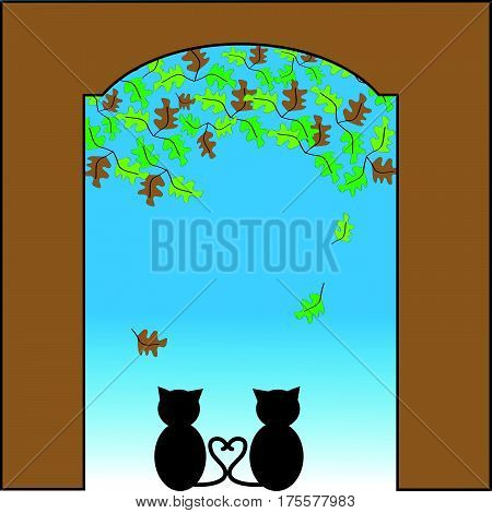 Cat in love looking out of the gate in autumn. vector Illustration.