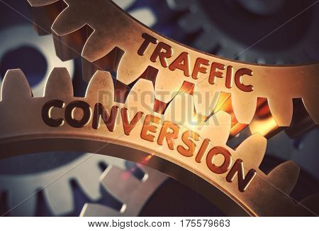 Traffic Conversion on the Mechanism of Golden Cog Gears with Lens Flare. Traffic Conversion Golden Metallic Cog Gears. 3D Rendering.