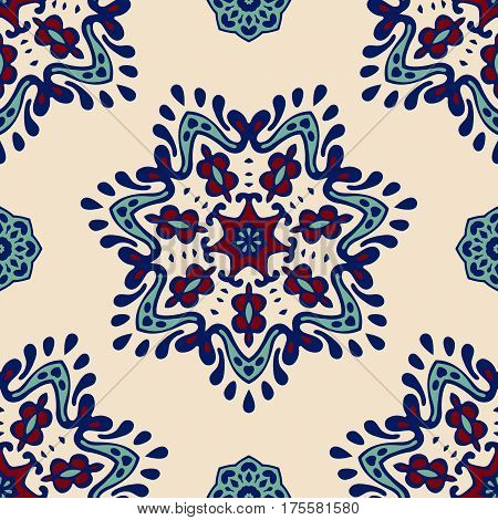 Seamless abstract tiled pattern stars and snowflakes blue, white and redvector