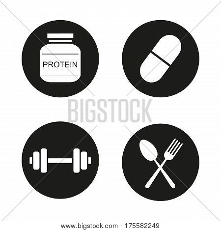 Bodybuilding icons set. Protein powder, bcaa pill, gym dumbbell and sport diet symbols. Vector white silhouettes illustrations in black circles