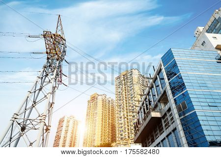Blue sky background of high voltage towers and substations