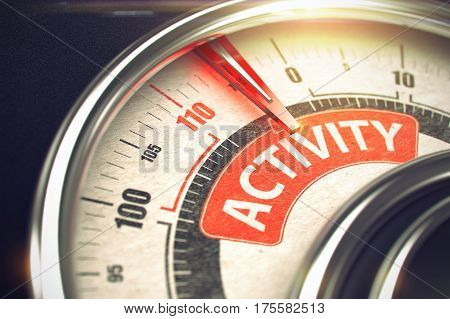 Activity Rate Conceptual Speedmeter with Message on Red Label. Business or Marketing Concept. Rev Counter with Red Needle Pointing the Text Activity on Red Label. 3D.