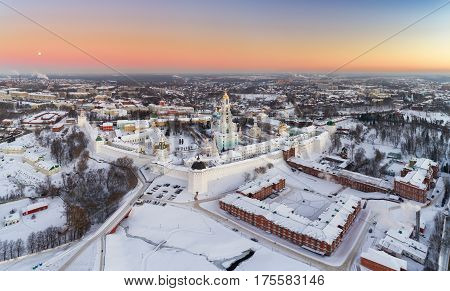 Panoramic Aerial View On Trinity St. Sergy Monastery At Winter
