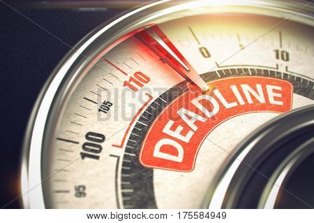 Gauge with Red Needle Pointing the Message Deadline on the Red Label. Shiny Metal Compass with Red Punchline Reach the Deadline. Illustration with Depth of Field Effect. 3D.