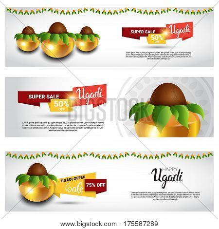 Holiday Sale Shopping Happy Ugadi Gudi Padwa Hindu New Year Greeting Card Banner Set Flat Vector Illustration
