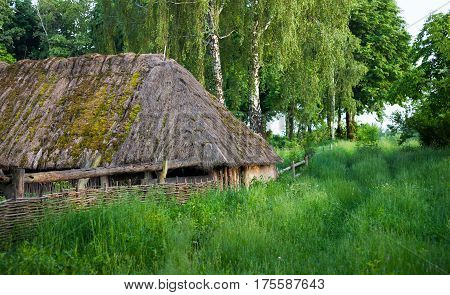 Old wooden shed with moss-grown straw-thatched roof from the Museum of Folk Architecture and Life of Ukraine in Pyrohiv near Kyiv.