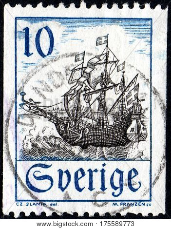UKRAINE - CIRCA 2017: A stamp printed in SWEDEN shows an old Swedish sailing ship the series Subjects from Postal History and Nature circa 1967