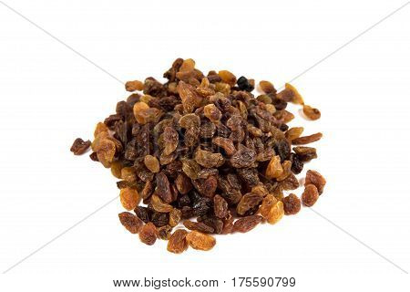 Heap of tasty raisin on a white background, top view