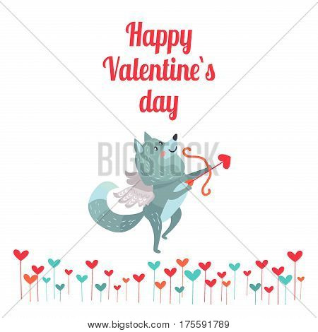 Happy Valentine s day. Wolf with wings with bow and arrows isolated on white. Timber wolf lover flying like Cupid. Cute cartoon animal post card design. Love concept vector illustration in flat style