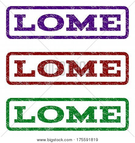 Lome watermark stamp. Text tag inside rounded rectangle frame with grunge design style. Vector variants are indigo blue, red, green ink colors. Rubber seal stamp with unclean texture.