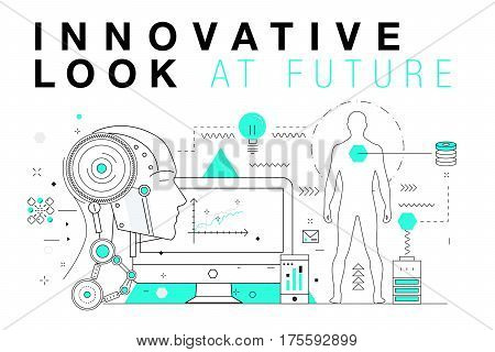 Trendy Innovation systems layouts in polygonal contour line composition, future analysis and technology operations. Made in awesome geometry style with linear pictogram of future for web design.