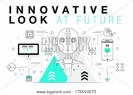Trendy Innovation systems layouts in polygonal contour line composition, future analysis and technology operations. Made in awesome geometry style with linear pictogram of future for web design.