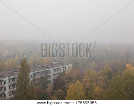 Pripyat. Ghost town in Chernobyl Exclusion Zone. View from the roof of the high-rise building